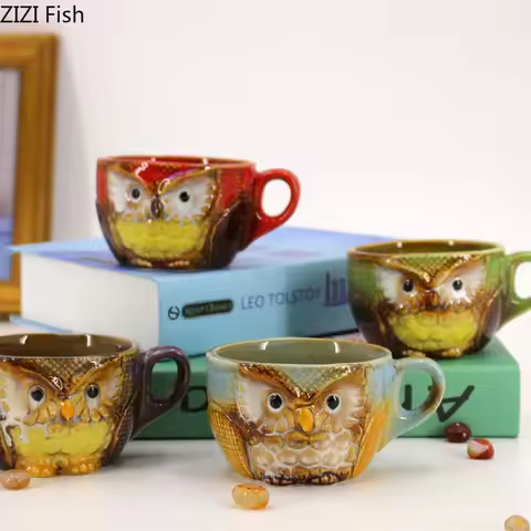 Painted Owl Mug Ceramic Cups Afternoon Tea Teacup Milk Fruit Juice Container Cartoon Owl Relief Coff