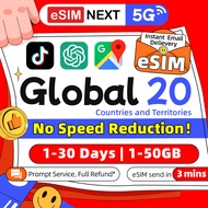 eSIM Global 20 Countries and Territories 5G High speed 1-30 Days Unlimited data 1-50GB Global eSIM