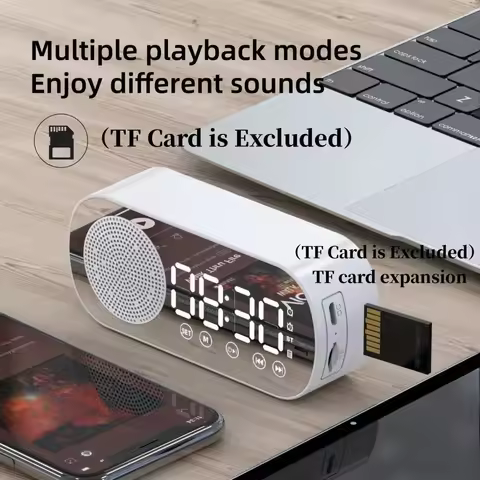 USB Plug-in Mirror Digital Alarm Clock Timer Support TF FM Radio Wireless Speaker Subwoofer Desktop 