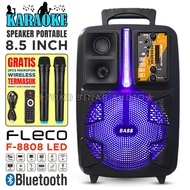 Speaker Bluetooth Karaoke Portable FLECO F-8808 LED + Free 2 Mic Wireless Ukuran 85inc Besar Dan Mur