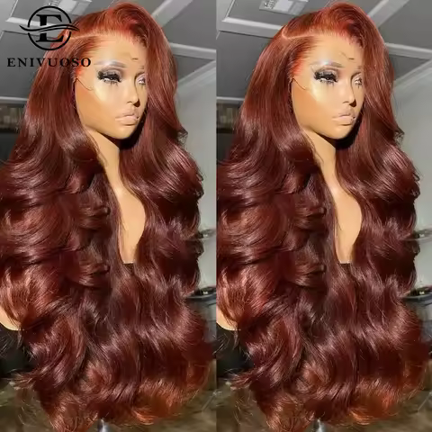 13x4 Reddish Brown Body Wave Lace Frontal Wigs For Women Auburn Brown Colored Synthetic Lace Front W