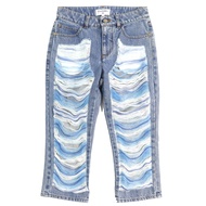 香奈兒 (CHANEL) P60217V46019 純棉七分牛仔褲，飾有Coco Mark連結和做舊薄紗，成色極佳。靛藍色，尺寸34。義大利製造。正品。推薦女士穿著。