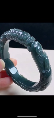 冰種 天然翡翠 緬甸 A玉 玉鐲 • 冰種藍水翡翠雕花鐲