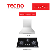 (HOOD + HOB) Tecno KA2038 (60cm) Chimney Cooker Hood + Tecno T 3388TGSV (90cm) 3-Burner Glass Cooker Hob with Inferno Wok Burner Technology