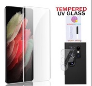 （包郵）Galaxy S22 Ultra 5G UV 3D Tempered Glass Screen Protector + Black or Clear Lens Glass Protector 2 in 1 Samsung 全屏全覆蓋UV 玻璃保護貼 指紋解鎖通用（UV 玻璃保護貼 + 黑版或透明 鏡頭玻璃貼）