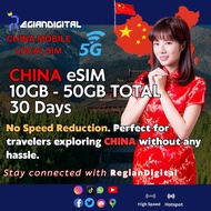 China eSIM 10GB 20GB 30GB 5G 4G Data 30 Days Travel eSIM China Mobile Network QR Code Fast Activatio