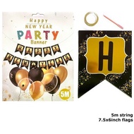 (Black Bracket Border) HAPPY NEW YEAR String Flags Banner Party Needs - 7.5x6 INCH FLAGS/5M STRING -