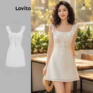 (trendy4)Lovito Cute Plain Tie Front Eyelet Embroidery Dress for Women L122AD063