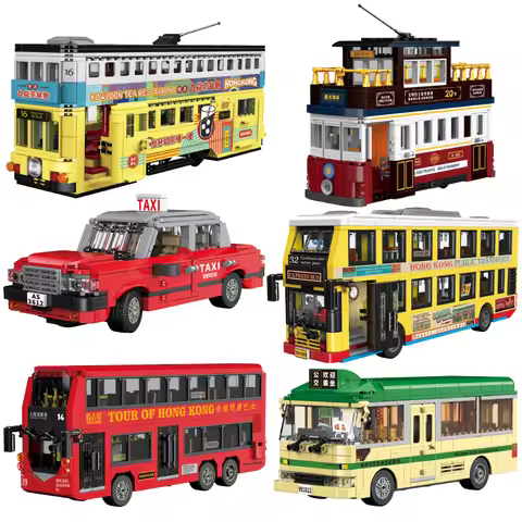 Classic Hong Kong Style Double Decker Bus Retro Model Building Block MOC City Car Toys Taxi Antique 
