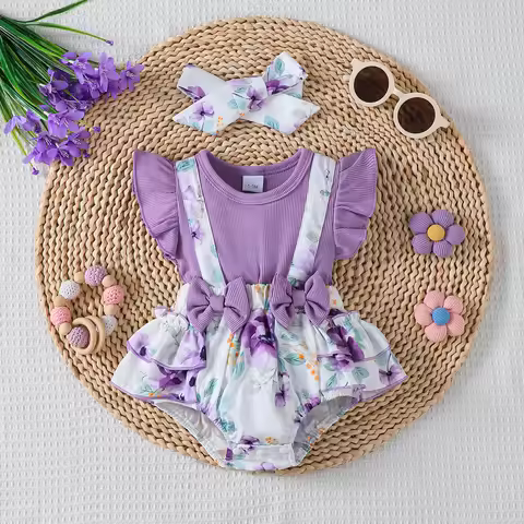 Baby girl 2-Piece Purple printed Bow Jumpsuit+Headband 0-18 Months Baby girl Summer Fashion Jumpsuit