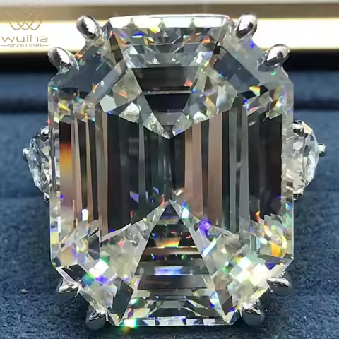 WUIHA 18K Gold Plated Ascher Cut 50CT Synthetic Diamond Gemstone Wedding Ring for Women 925 Sterling