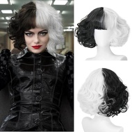 Cruella Deville Costume Women Wig Black and White Short Curly Wig with Bangs for Halloween Party Cos