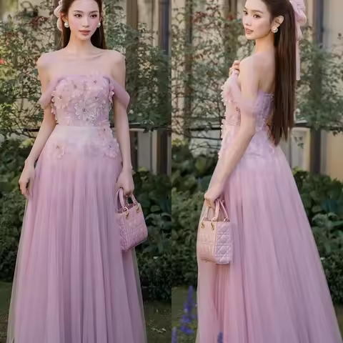 Customized Exquisite Pink Tulle Celebrity Gowns High Quality Strapless Off the Shoulder Appliques Zi