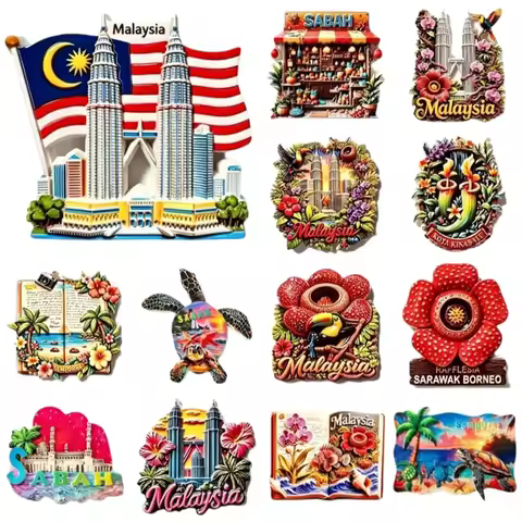 Malaysia Tourist Souvenir 3D Resin Fridge Magnet Kuala Lumpur Petronas Twin Towers Sabah Borneo Home