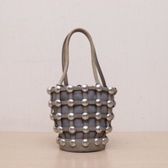 ALEXANDER WANG 灰色羊皮麂皮ROXY鉚釘手提水桶包菜籃子肩背包