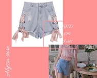 熱褲超靚lolita日系公主可愛綁帶高腰牛仔短褲  Pink silk straps sexy japanese style  denim shorts