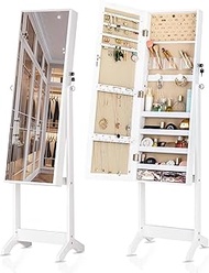 LUXFURNI Jewelry Cabinet Standing Full Screen Mirror Makeup Lockable Armoire, Large Cosmetic Storage Organizer w/Brush Holder White