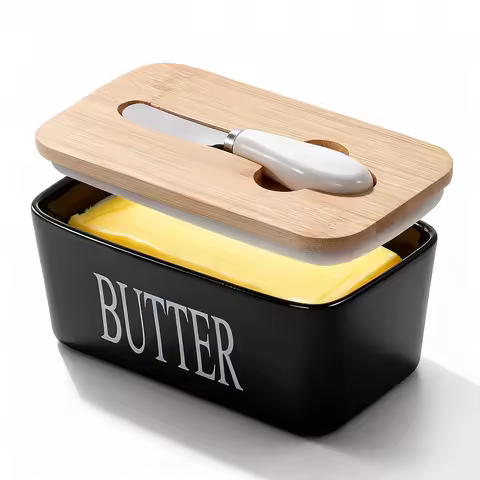 1 Set Of Ceramic Butter Dish With Bamboo Lid And Built-In Knife Butter Keeper With Double Silicone S