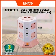 ENCO 4U8K (8 UK Plug 4 USB Port) Tower Extension / Extension Plug with Surge Protector - White Pink