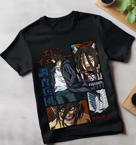 Eren Yeager T-Shirt Shingeki No Kyojin Attack on Titan Black Shirt Tee All Size