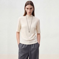 復古軟糯羊毛五分袖 T 恤 / 半高領 H 型顯瘦設計 / 百搭打底短袖上衣