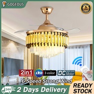 GOGEOUS Ceiling Light With Fan 42inch 6 speed Winds Crystal Chandelier Tricolor Dimmable Fan Light
