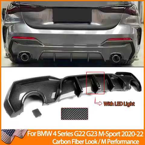 Magickit Rear Diffuser For BMW G22 G23 420i 430i 440i M Sport w/ LED 2020+ Carbon Look Rear Bumper D