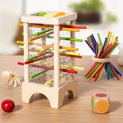 Wooden Stick Board Game Parent Child Interaction Montessori Wooden Toys, 4-sided Acrylic Cylinder Ga