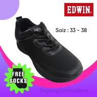 Edwin 3014 BK Kasut Sekolah Hitam bertali Black School Shoes lace up shoe EDWIN