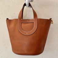 【狀況尚可】愛馬仕HERMES金扣棕色牛皮in-the-loop23手提水桶包水餃包百搭時尚