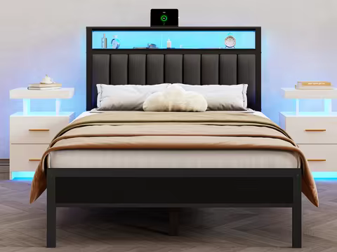 Full/Queen size bed frame with charging station, LED bed frame, headboard with frame, platform bed f
