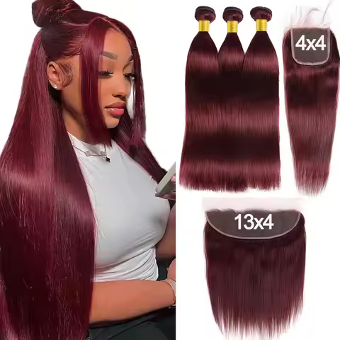 99J Burgundy Straight Human Hair Bundles With 4x4 Lace Closure 12A Brazilian Remy 100% Human Hair 3 