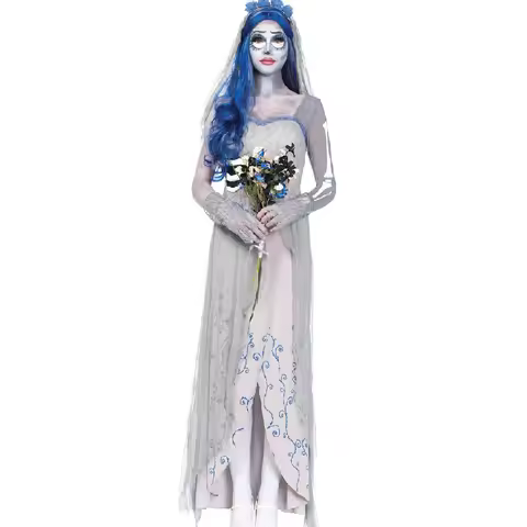 Halloween Corpse Bride Costume Women Scary Bone Skeleton Dress Joker Outfit Cosplay Long Lace Zombie