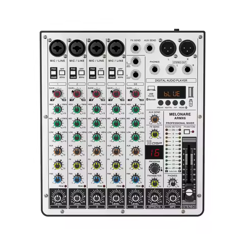 6-Channel Audio Mixer, DJ Mixer with USB Audio Interface, Bluetooth Function, 16 DSP Effects, and 3-