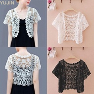 YUJIN Bridal Summer Jacket, Black/White Crop Style Lace Cape, Elegant Open Front Floral Pattern Shor