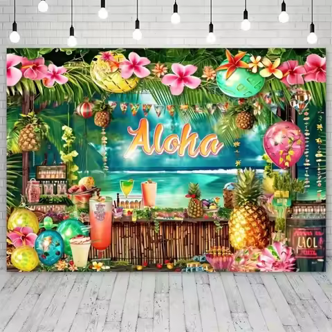 Summer Hawaiian Tropical Beach Photography Backdrop Surfboard Aloha Luau Flamingo Theme Birthday Wed