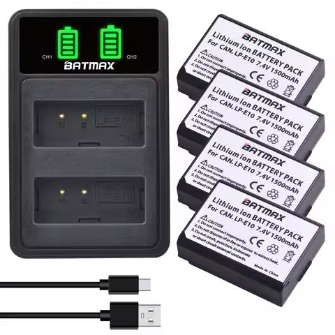 Batmax 1500mAh LP-E10 LPE10 + Charger with Type C Port for Canon EOS Rebel T3 T6 T7 T100 Kiss X50 X8