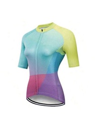 一件漸層色&amp;印花自行車運動衫，女士長袖單車上衣
