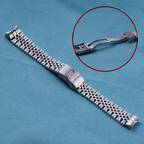 Rolamy 20mm Silver Jubilee WatchBand Solid CurvedEnd Links Strap Bracelet Double Push Clasp For Seik