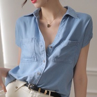 Laz Nigori Tencel เสื้อดีไซน์แบบเสื้อเชิ้ตยีนส์ผู้หญิงเสื้อลำลองแขนสั้นทรงหลวมเสื้อย้อนยุค