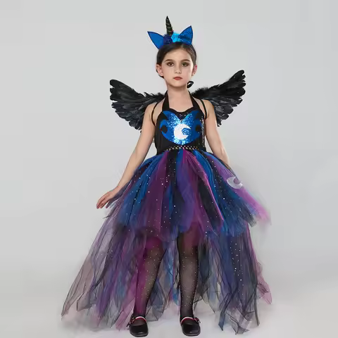 Princess Luna Inspired Glitter Girls Tutu Dress with Wing Headband for Halloween Carnival Unicorn Co