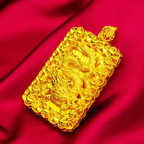 Men's 24K Gold (AU999) Stylish Dragon Plaque Pendant | 3D battle dragon, filigree flame motifs with 