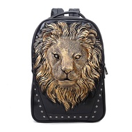 Personalized 3D Lion PU Leather Casual Laptop Backpack for Men Durable Travel Daypack (Gold color)