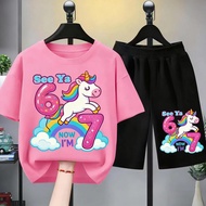 [COD] Girls' T-Shirt Set Shirt Short Unicorn Pattern Number 6 7 Rainbow Color Style