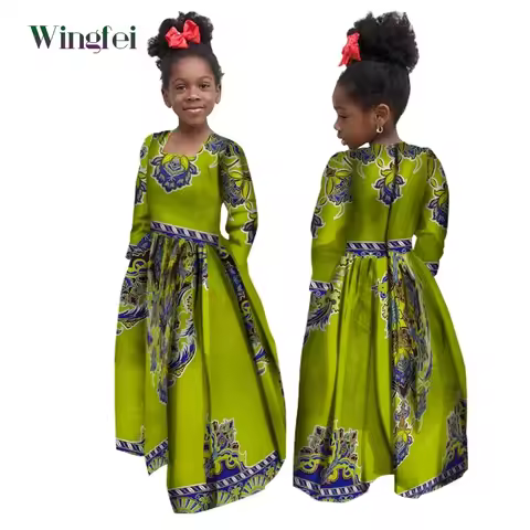African Girl Dress Kids Dashiki Ankara Floral Print Dress Wax Cotton Long Sleeve Dresses Fashion Afr