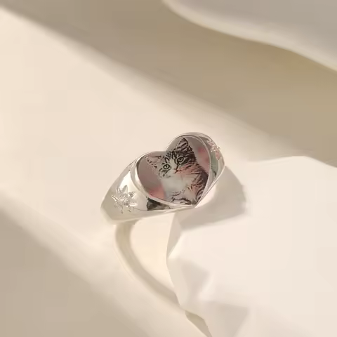 3D Color Printed Pet Portrait Ring Star Studded Diamond 18K Gold Plated Stainless Steel Custom Cat D