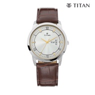 Titan Quartz Analog with Day and Date Silver Dial Leather Strap Watch for Men