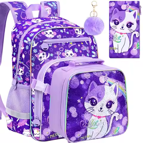 3Pcs Cute Cat Backpack for Girls, Purple Sequins School Bag Set with Lunch Box & Pencil Case, Kids B