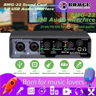 BOMGE BMG22 USB Audio Interface 2i2 (24บิต/192 KHz) + 48V Phantom สำหรับไมโครโฟนคอนเดนเซอร์Pro การ์ด