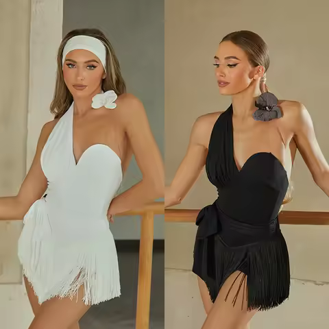 ZYM Latin Dance Performance Clothes Irregular Tops Black White Fringe Skirt Women Club Party Cha Cha